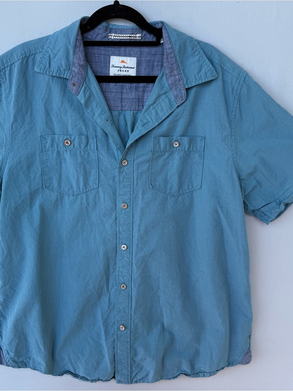Tommy Bahama Lightweight Blue Subtle Checkered Short-Sleeve Button-Up Shirt
